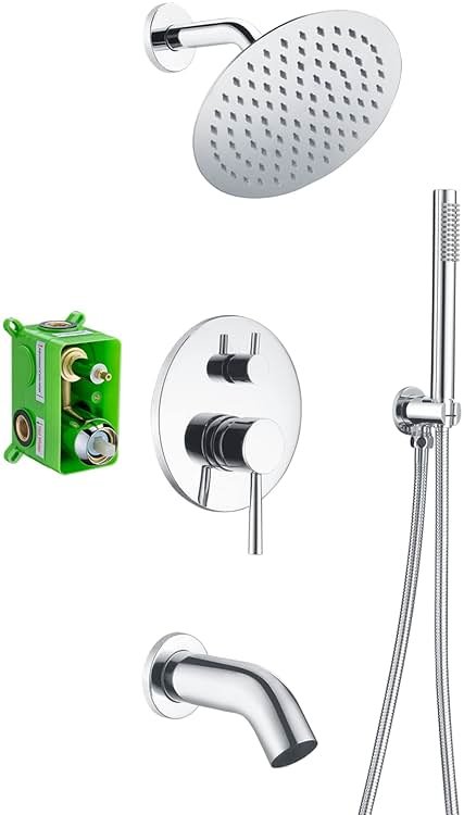 sumerain Rain Shower System with Tub Spout, Tub Shower Faucet Set with 8 inches Shower Head and Hand Shower, Valve Included Chrome - Product Image