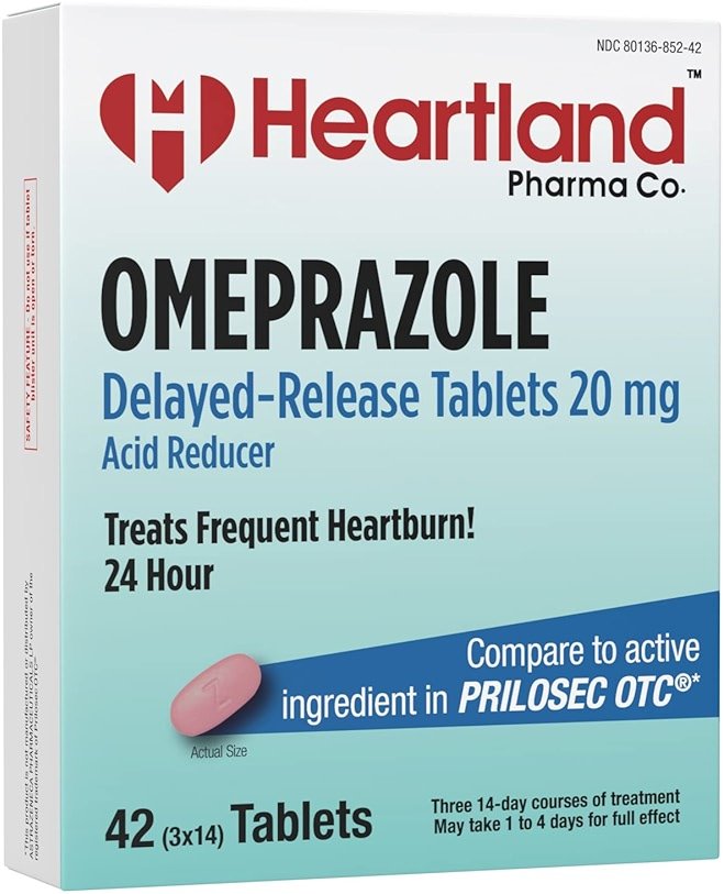 Heartland Pharma | Omeprazole 20mg | Heartburn Relief Medicine | Delayed Release Acid Reducer Tablet | Antacid Tablets for Acid Reflux | 42 Count | 2-Pack - Product Image