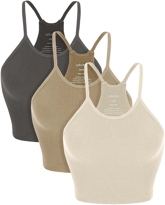 ODODOS Women's Crop 3-Pack Seamless Rib-Knit Camisole Crop Tank Tops - Product Image