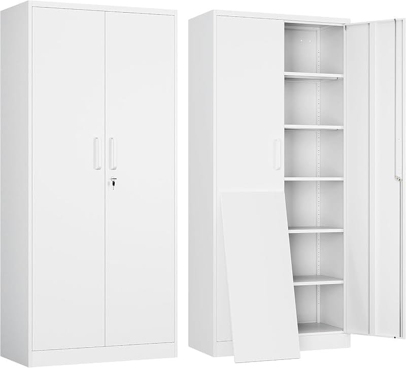 Yizosh Metal Garage Storage Cabinet with 2 Doors and 5 Adjustable Shelves - 71" Steel Lockable File Cabinet,Locking Tool Cabinets for Office,Home,Garage,Gym,School (White) - Product Image