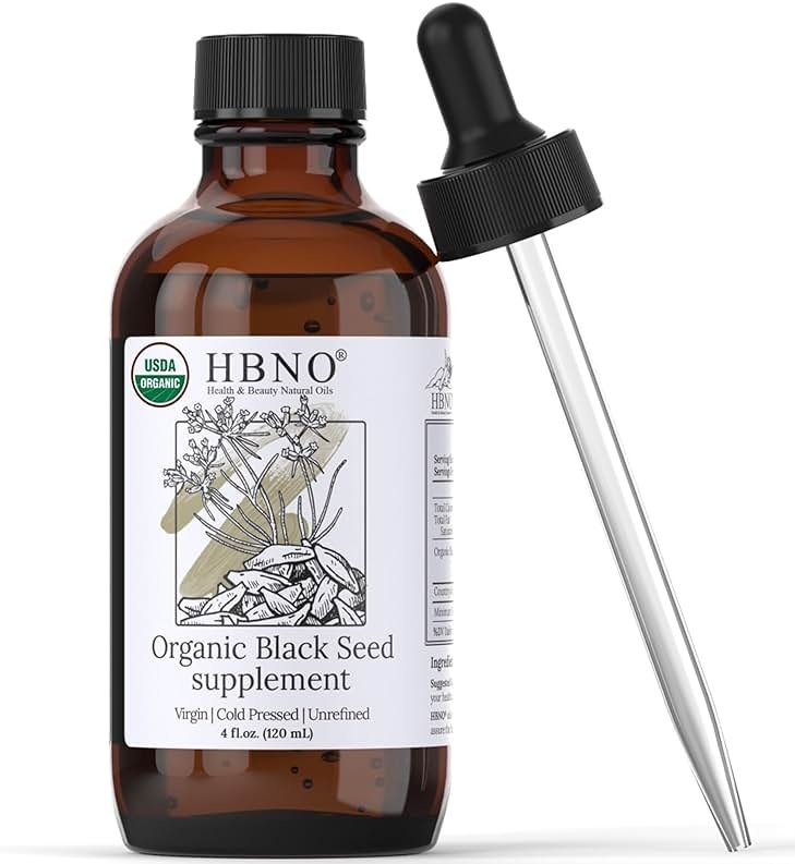 HBNO Organic Black Seed Oil - Huge 4oz (120ml) Glass Bottle Value Size - USDA Certified Organic Black Seed Oil, Cold Pressed for Face, Body, Lips, Shampoo & Conditioner - Product Image