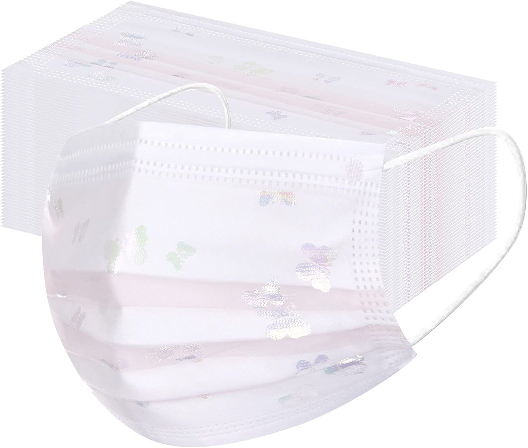 50 Pcs 4 ply Disposable Face_Masks for Adult Non-Woven Fabric White Lace Floral - Sequin Net Yarn Flowers Pattern Suitable for Holiday Home and Outdoor - Product Image