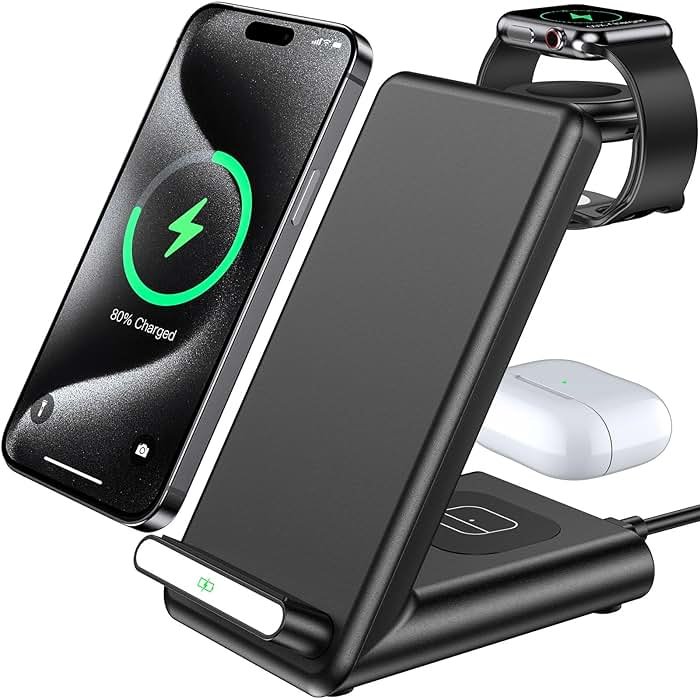 Wireless Charging Station,3 in 1 Charging Stand Made for Apple Watch Ultra 11 10 9 8 7 6 SE 5 4 3,Fast Wireless Charger Made for iPhone 17/Air/16/15/14/13/12,for AirPods Pro(with Adapter) (Black) - Product Image