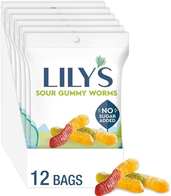 LILY'S Assorted Fruit Flavored No Sugar Added, Sour Gummy Worms Bags, 1.8 oz (12 Count) - Product Image