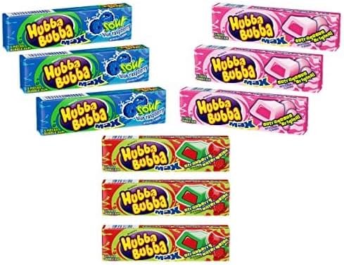Hubba Bubba Max Bubble Gum - Variety Pack 3 Flavors (Total of 9 Packs of Gum) - Sour Blue Raspberry Bubble Gum - Strawberry Watermelon Bubble Gum - Outrageous Original Bubble Gum - 3 Packs of Each Juicy Flavor - 9 Packs of Gum in total - Fresh Candy - Queen Jax - Product Image