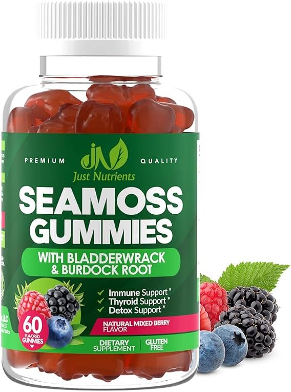 Sea Moss 3000mg Gummies with Bladderwrack and Burdock Root - Natural Irish Sea Moss Superfood for Immune, Thyroid and Detox Support - Extra Strength for Men & Women - Gluten-Free, Vegan - 60 Gummies - Product Image