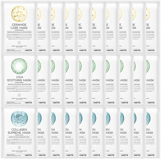 #OOTD Hydrating Soothing Sheet Masks Gift Set, Korean Vegan Facial Masks for Dry Sensitive Skin, Calming & Nourishing with Collagen, Ceramide, Cica (30-Count) - Product Image
