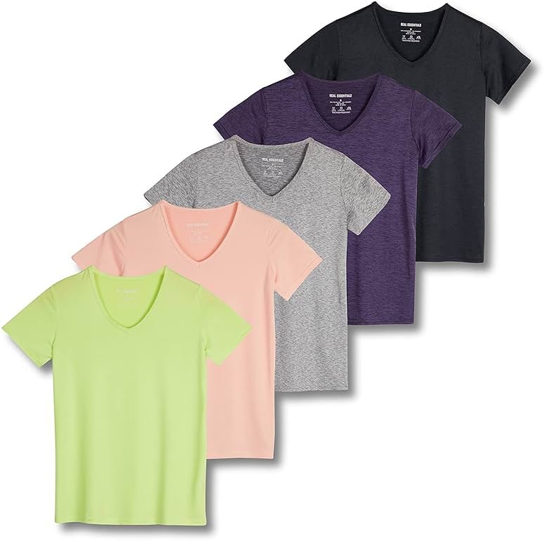 Real Essentials 5 Pack: Women's Dry-Fit Short Sleeve V Neck T Shirt Workout Fitness Yoga Top Tee (Available in Plus Size) - Product Image