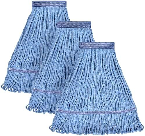 Matthew Cleaning Heavy Duty Mop Head Commercial Replacement for General and Floor Cleaning , Wet Industrial Blue Cotton Looped End String Head Refill (Pack of 3) Blue - Product Image