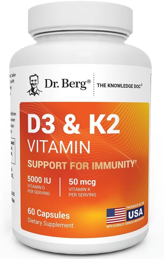Dr. Berg Maximum Strength 7-in-1 Vitamin D3 K2 5000 IU | Naturally Derived D3 | 4X Lab-Tested & Verified | High Absorption Formula | K2 D3 Vitamin Supplement | 60 Capsules - Product Image