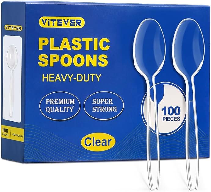 [100 Count] Clear Plastic Spoons Heavy Duty, Premium Disposable Spoons, Durable Plastic Cutlery for for Parties, Picnics, Big Event, Daily Use - Heat Resistant & BPA Free - Clear - Product Image