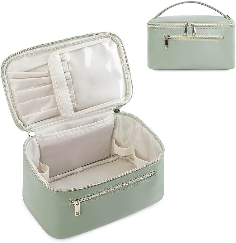 Wandering Nature Makeup Bag, Travel Make Up Organizer Cosmetic Brush Bags Case for Women in Vegan Leather, Sage Green, Patent Pending - Product Image