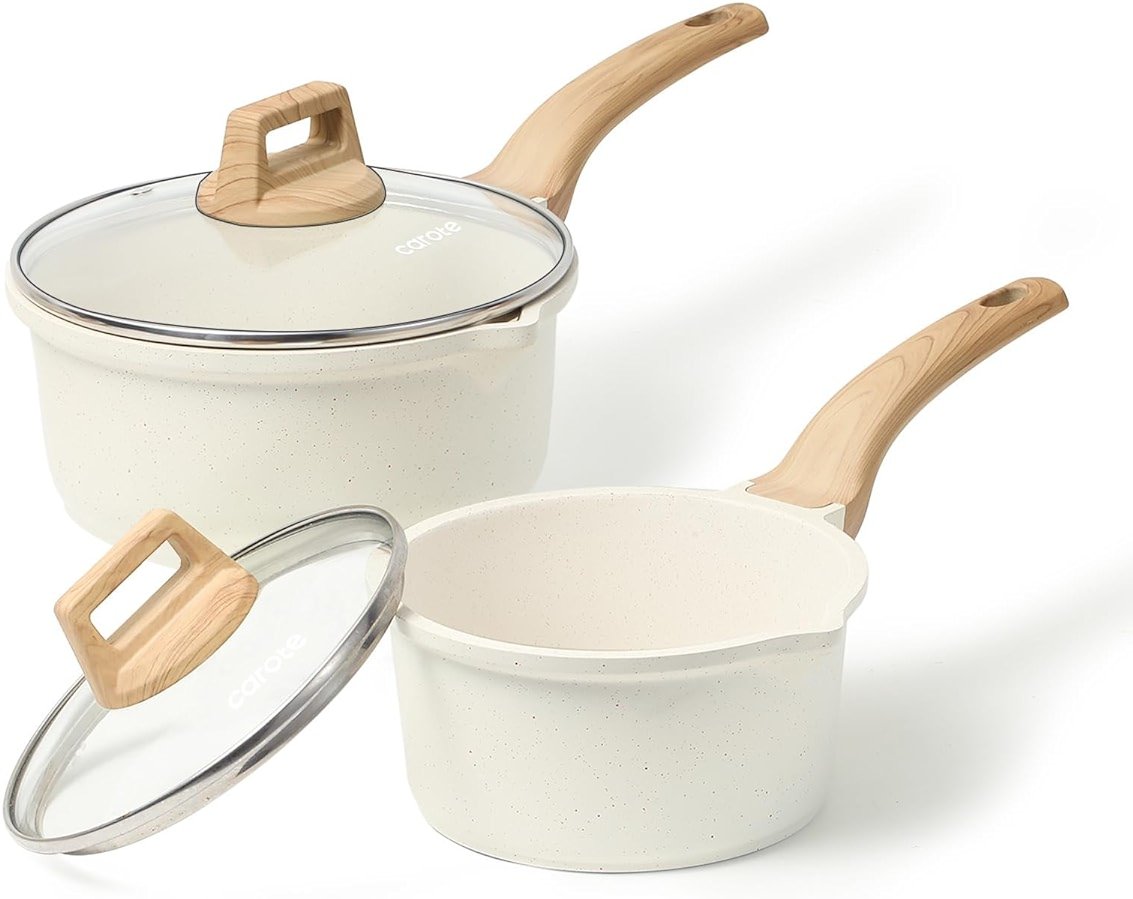 CAROTE 1.5Qt & 3.0Qt Sauce Pan Sets with Lid Cooking Pots Nonstick Saucepans Cookware Set with Pour Spout Small Kitchen Pot, Induction Comptable, Easy to Clean, PFOA FREE (White Granite) - Product Image