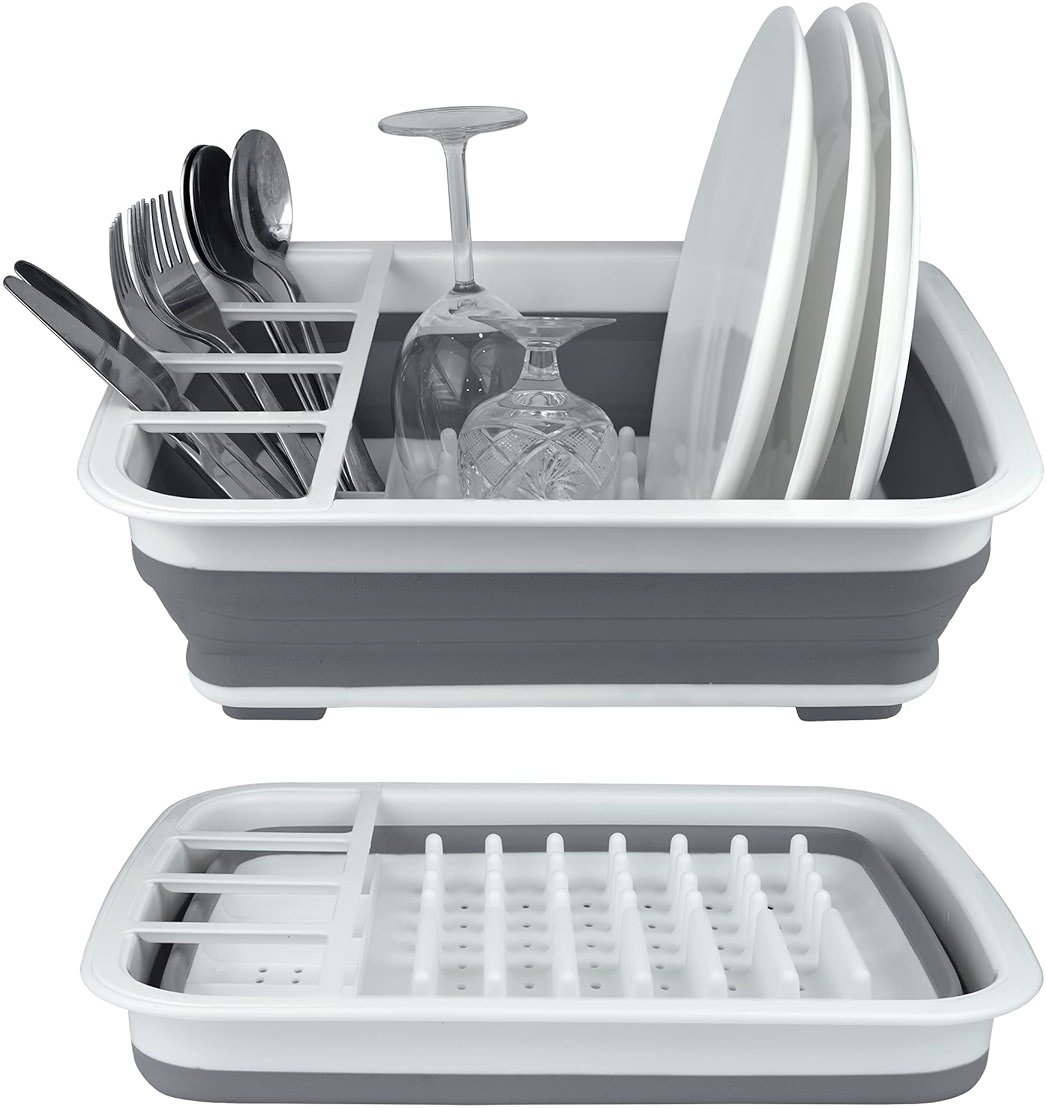 Collapsible Dish Drying Rack, Foldable Dinnerware Drainer Organizer | Space-saving plastic kitchen storage organizer. Compact folding dish drainboard perfect for RVs, camping & small countertops. - Product Image