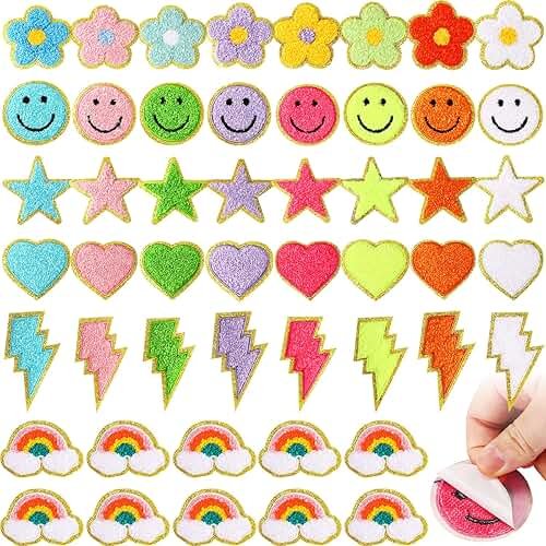 Yilloog 50 Pcs Self Adhesive Chenille Letter Patches Paw Print Smile Face Heart Patch Preppy Sticker Rainbow Sew on Sticker for Clothing Hats Bags Jackets Jeans(Colorful Style,Rainbow Color) - Product Image
