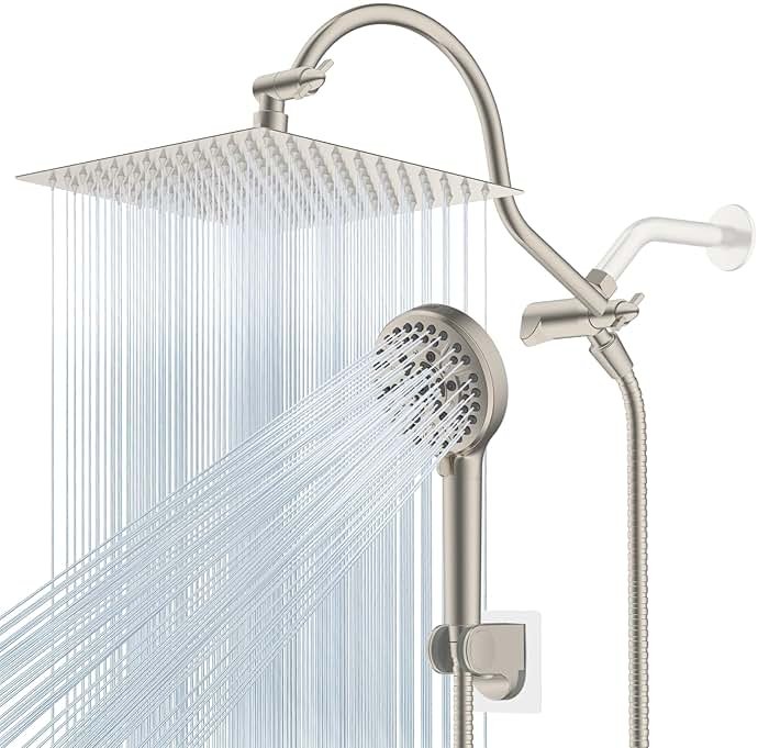 Hibbent 12'' All Metal Shower Head, High Pressure Rainfall Shower Head/Handheld Showerhead Combo/ 12'' Adjustable Curved Shower Extension Arm, 10-Spray, 71'' Adhesive Showerhead Holder, Brushed Nickel - Product Image