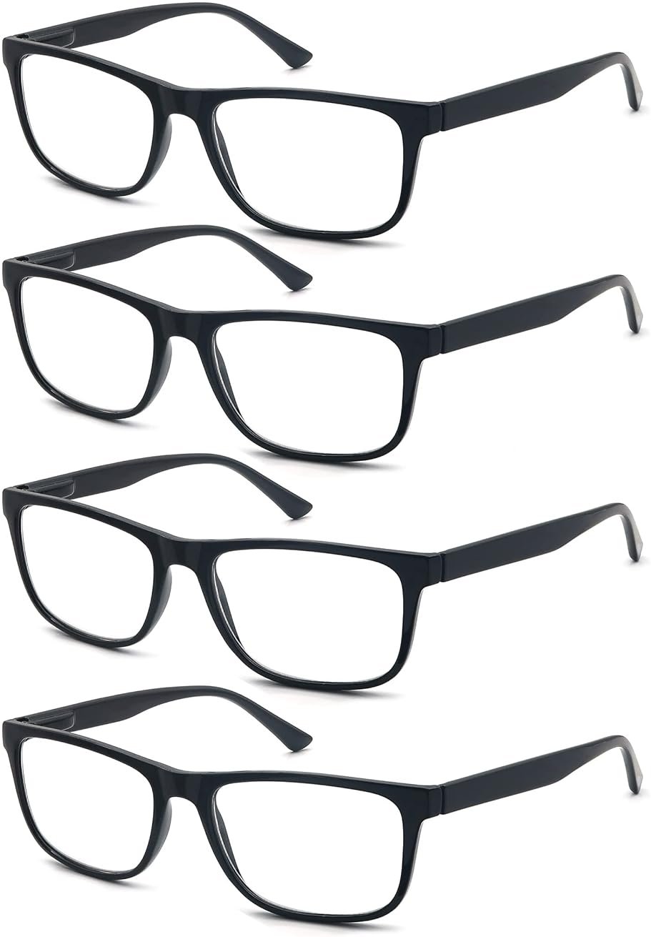OLOMEE Wide Black Reading Glasses for Men +1.75 Large Oversized Readers Lightweight Square Eyeglasses for Reading for Big Head 4 Pack Spring Hinge Comfortable Fit - Product Image