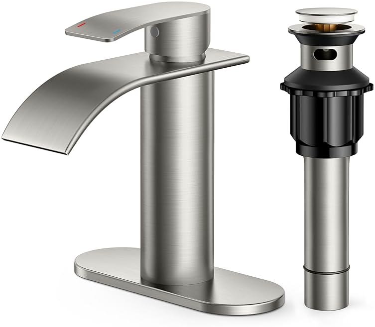 FORIOUS Waterfall Bathroom Faucet 1 Hole, Brushed Nickel Single Handle Bathroom Sink Faucets for 1 or 3 Hole with Deck Plate, Pop up Drain, cUPC Hoses for Vanity, Basin, Rv, Lavatory Sink - Product Image