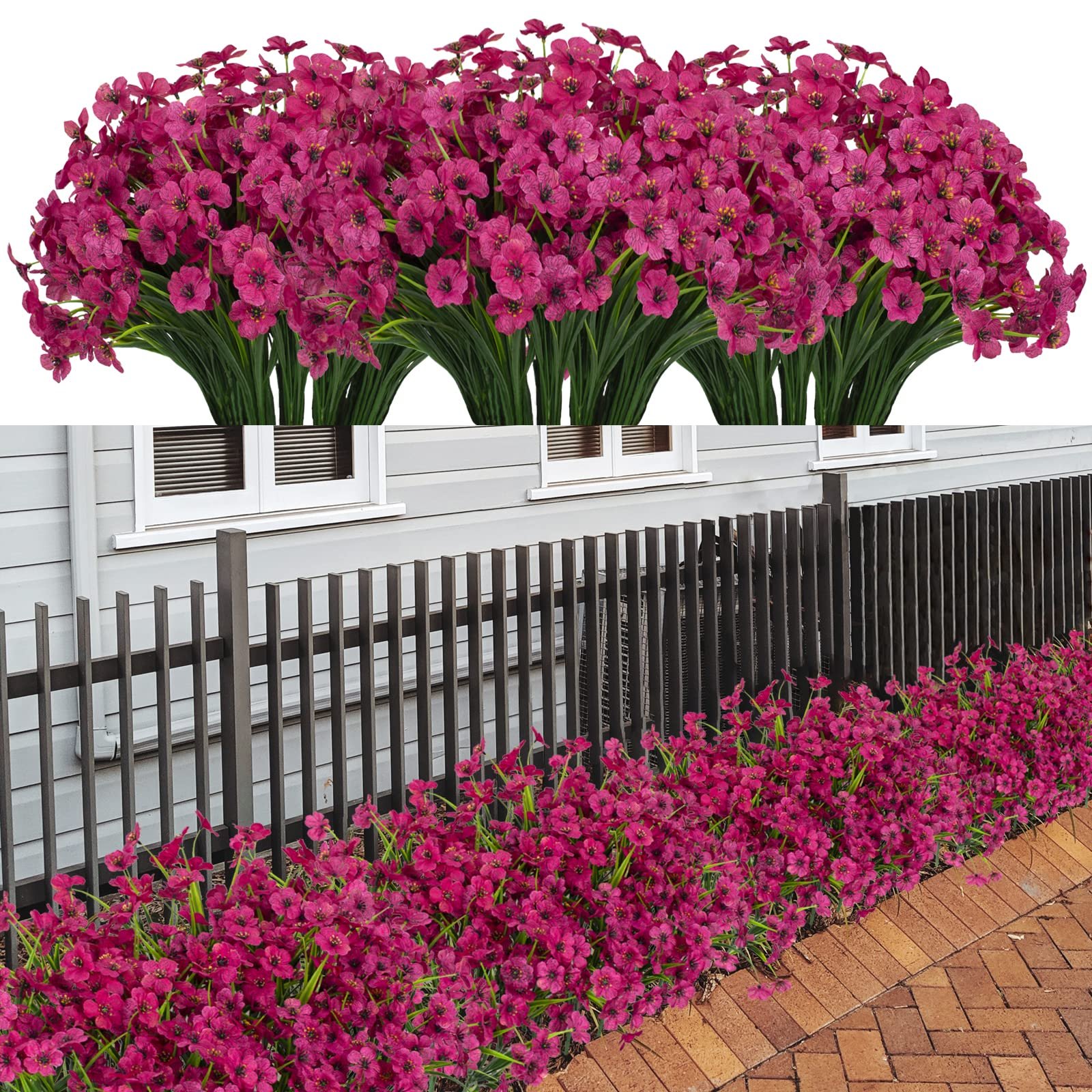 LikSoor 21 Bundles Artificial Outdoor UV Resistant Flowers No Fade Fake Outside Flowers Plastic Greenery Faux Shrubs Garden Porch Window Box Home Decoration(Rose Red) - Product Image