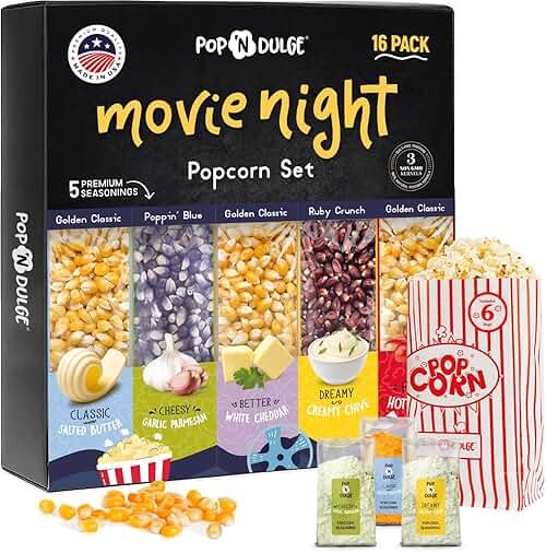 Pop n' Dulge Popcorn Movie Night Supplies 16 pcs Gift Set, 5 Gourmet Popcorn Kernels, 5 Seasoning Variety Packs Non-GMO Kosher Snacks, Great Housewarming Family Date Night Gifts Basket Ideas For Him Her - Product Image