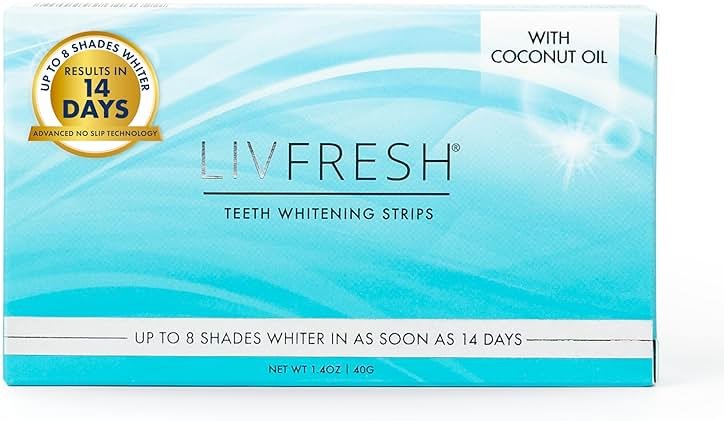 LIVFRESH Teeth Whitening Strips, 28 Strips, 14 Treatments, Great for Sensitive Teeth, Results in 14 Days, Enamel Safe, Coconut Oil & Hydrogen Peroxide, No Slip Teeth Whitener - Product Image