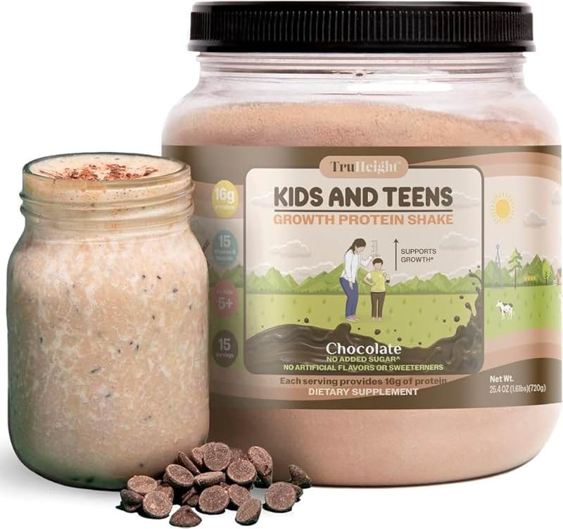TruHeight Growth Protein Shake (Chocolate Milk Flavor, Whey) Tall Nutrition for Natural Growth & Development - Protein Powder for Kids & Teens, Weight Gain Drinks - Picky Eater Vitamin, Taller Ages 4+ - Product Image