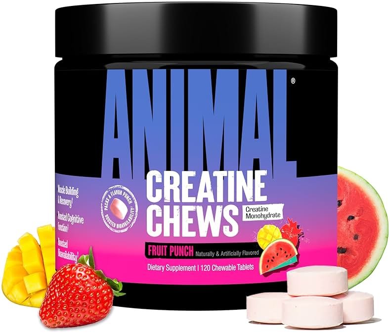 Animal Creatine Chews Tablets - Enhanced Creatine Monohydrate with AstraGin to Improve Absorption, Sea Salt for Added Pumps, Delicious and Convenient Chewable Tablets - Fruit Punch - Product Image