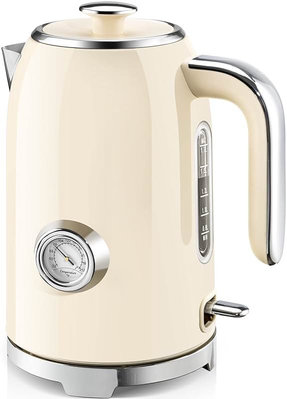 SUSTEAS Electric Kettle - 57oz Hot Tea Kettle Water Boiler with Thermometer, 1500W Fast Heating Stainless Steel Tea Pot, Cordless with LED Indicator, Auto Shut-Off & Boil Dry Protection, Beige - Product Image