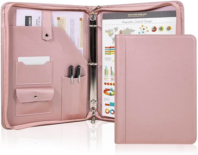 Calfinder Leather Portfolio Binder, PU Leather Portfolio Organizer for Women, 3 Ring Binder Resume Zippered Padfolio with A4/Letter Size Notepad Holder, Business Work Folio, Gift for Lady, Pink - Product Image
