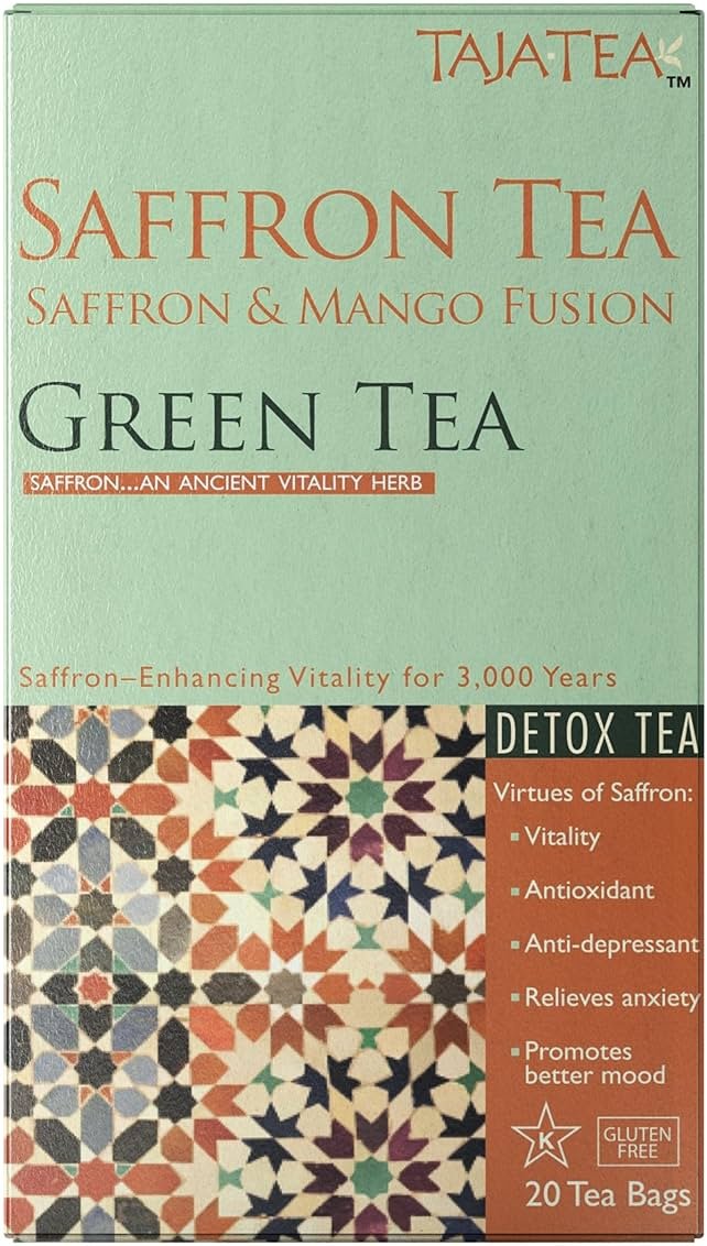 Taja Saffron Tea - Saffron & Mango Fusion Green Tea, Mood Boosting, Detox, Revive and Refresh Blend, Caffeinated | Gluten Free | Kosher, 20 Tea Bags, Pack of 2 - Product Image