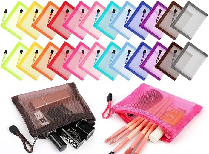 Jexine 24 Pcs Mini Zipper Mesh Bags Lipstick Cosmetic Accessories Organizer Nylon Makeup Zipper Pouch Small Cosmetic Bag for Purse Beauty Mesh Travel Pouch for Women(5 x 4 Inch,Bright Color) - Product Image