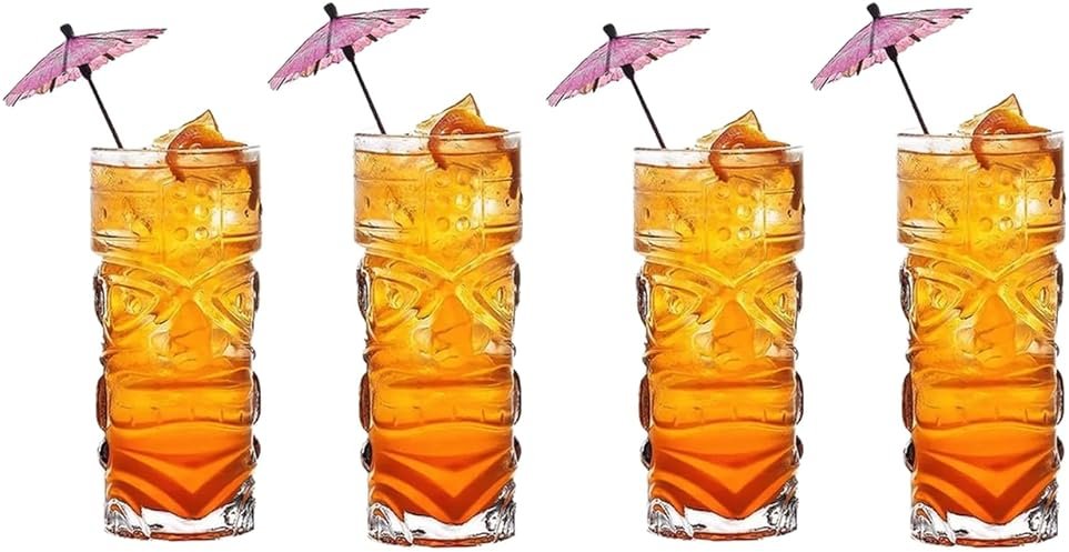 SHUVAR BAZAR Tiki Glasses 14 oz. Clear Totem Texture, 4 Pieces, Tropical Style Novelty Glasses, Hawaii Bar Style, Modern Bar Party Set With Picks (Totem 14 oz) - Product Image