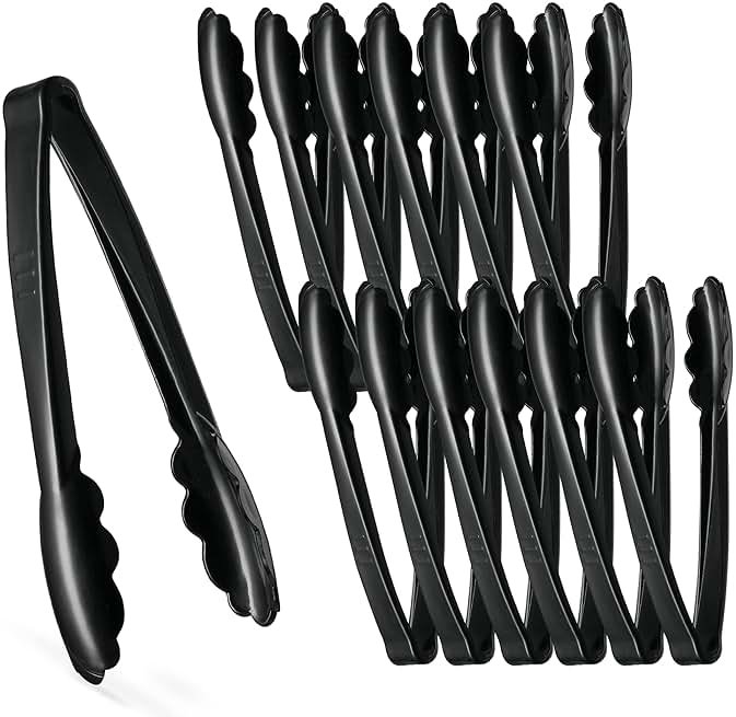 [Black Tongs 9'' Inches] Plasticpro 9'' Serving Tongs Heavy Duty Reusable Kitchen and BBQ Black Serving Tong for party's, Caterings, Events, Buffet, Weddings, And every Day use Pack of 12 - Product Image