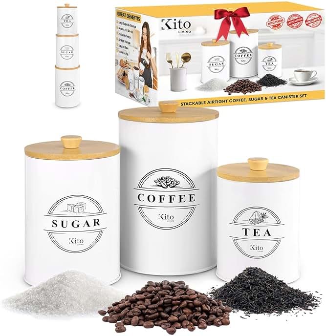 Kito LIVING Canisters Sets for Kitchen Counter Storage and Organization with Wooden Bamboo Lids, Food Pantry Containers, Stackable Steel Storage Bins, Airtight Sugar Tea Coffee Canisters - White - Product Image