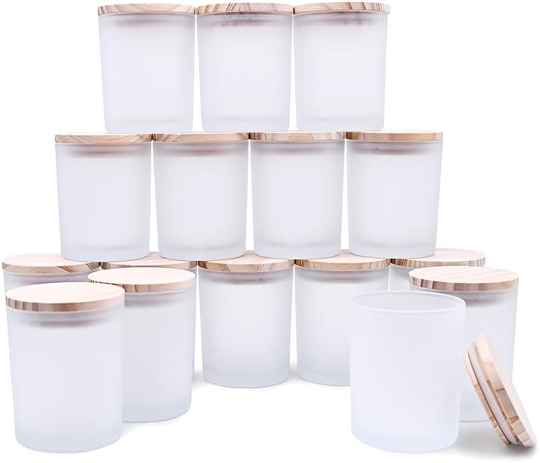SHOWIN Thick Candle Jars for Making Candles 16 Pcs, 7 OZ Empty Jars with Wood Lids for Candle Making, Sample Container, Frosted White - Product Image