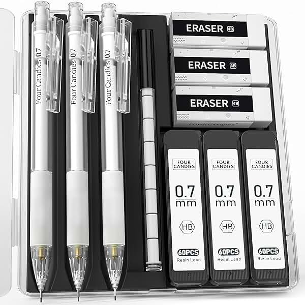 Four Candies Cute Mechanical Pencil Set with Case - 3PCS Pencils 0.7mm with 180PCS HB Lead Refills, 3PCS Erasers, 9PCS Eraser Refills, White Clear Mechanical Pencil for Students Drawing, Writing - Product Image