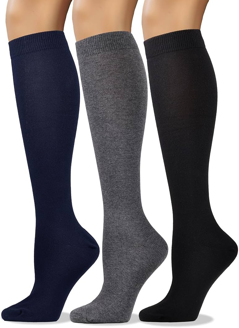 COTTON DAY Women's Soft Combed Cotton Knee High Long Calf Dress Socks Seamless Toe Black White Gray Navy Blue Brown 3 Pack - Product Image