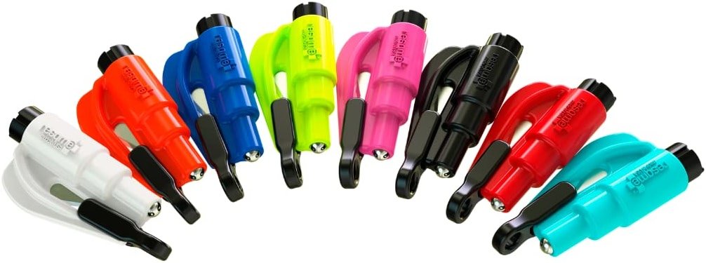 resqme The Original Emergency Keychain Car Escape Tool, 2-in-1 Seatbelt Cutter and Window Breaker, Made in USA, Rainbow Pack 8 Colors - Compact Emergency Hammer - Product Image