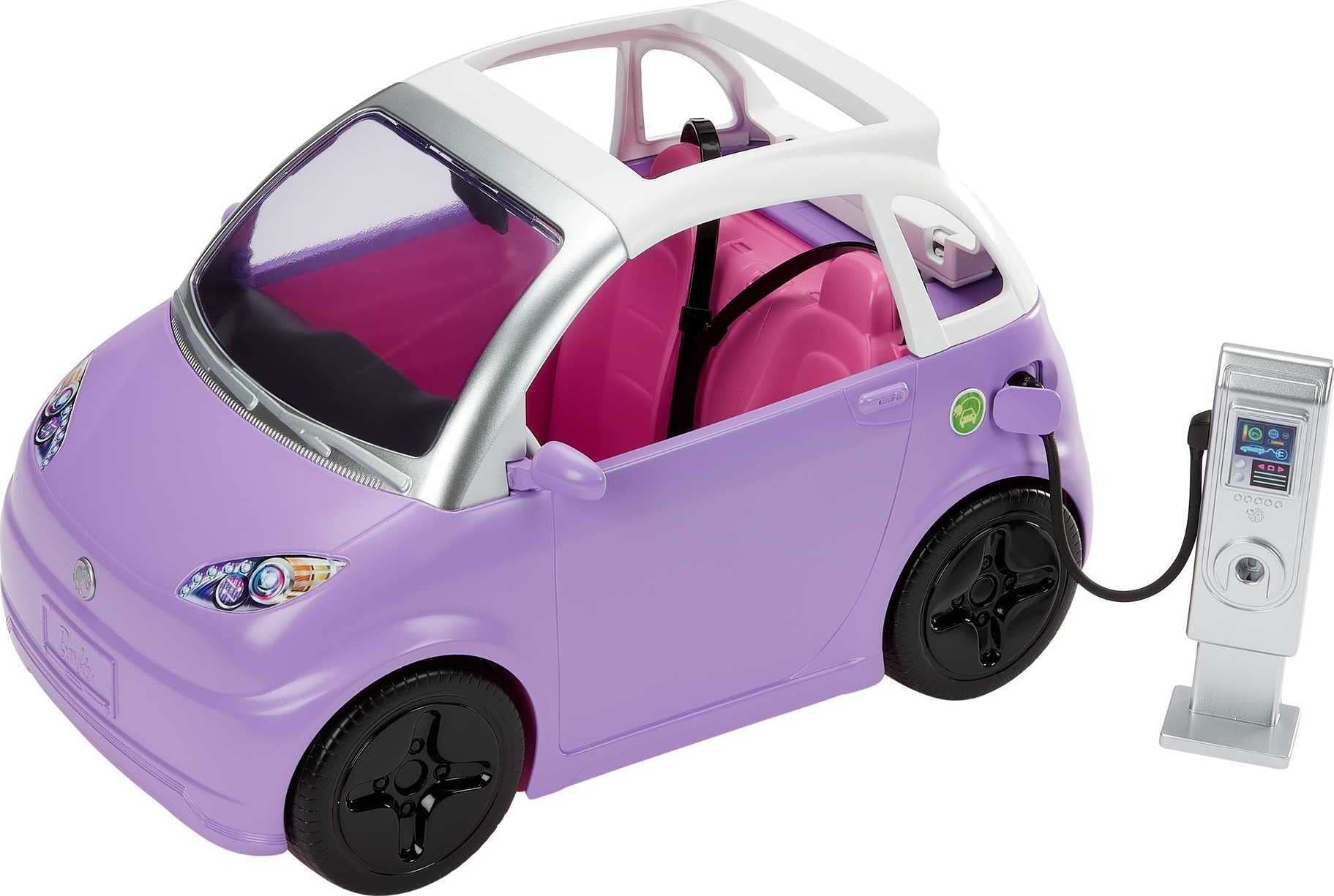 Barbie Doll Accessories, Toy Car Electric Vehicle with Charging Station, Plug & Sunroof, Purple 2-Seater Transforms into Convertible - Product Image