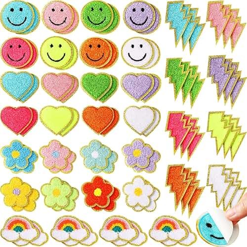 Hanaive 80 Pcs Chenille Letter Patches Self Adhesive Iron on Patch 3D Cute Embroidered Rainbow Smile Face Heart Applique Sewing Badges Patch for Fabric Clothing Jacket DIY(Assorted Rainbow,Cute) - Product Image