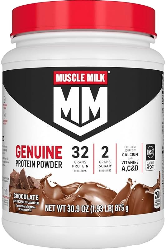Muscle Milk Genuine Protein Powder, Chocolate, 1.93 Pounds, 13 Servings, 32g Protein, 2g Sugar, Calcium, Vitamins A, C & D, NSF Certified for Sport, Energizing Snack, Packaging May Vary - Product Image