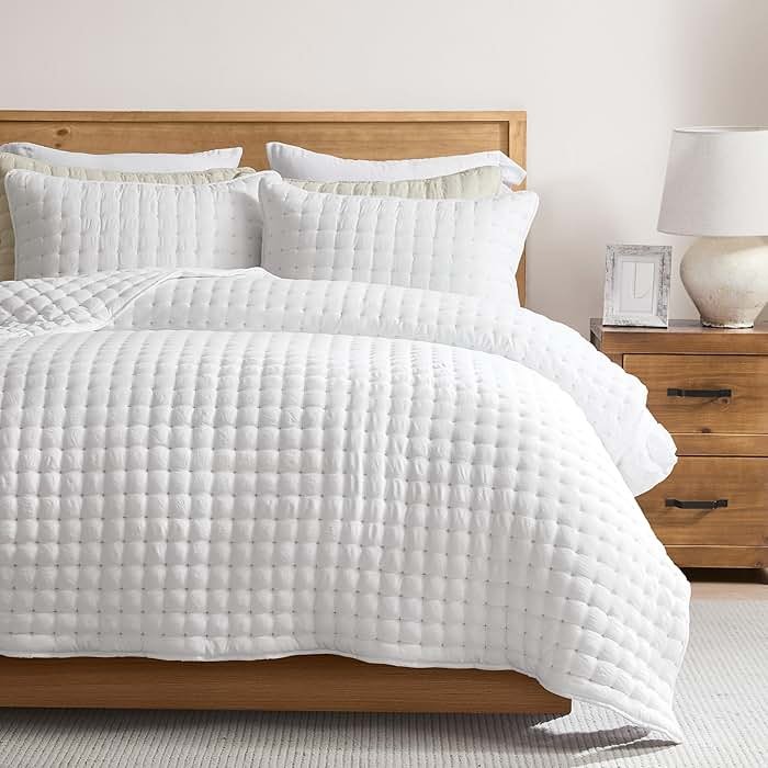 WDCOZY White Queen Size Quilt Bedding Sets with Pillow Shams, Lightweight Soft Bedspread Coverlet, Quilted Blanket Thin Comforter Bed Cover, All Season Summer Spring, 3 Pieces, 90x90 inches - Product Image