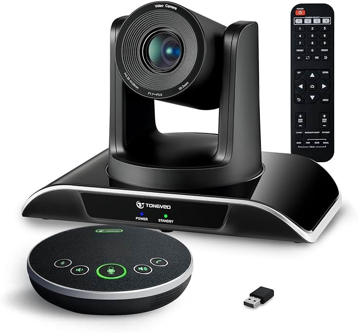 TONGVEO All-in-One Conference Room Video Camera System Al Auto-Tracking HD1080P 60fps 3X Optical Zoom USB3.0 HDMI PTZ Camera and Bluetooth Conference Speakerphone with Microphones - Product Image
