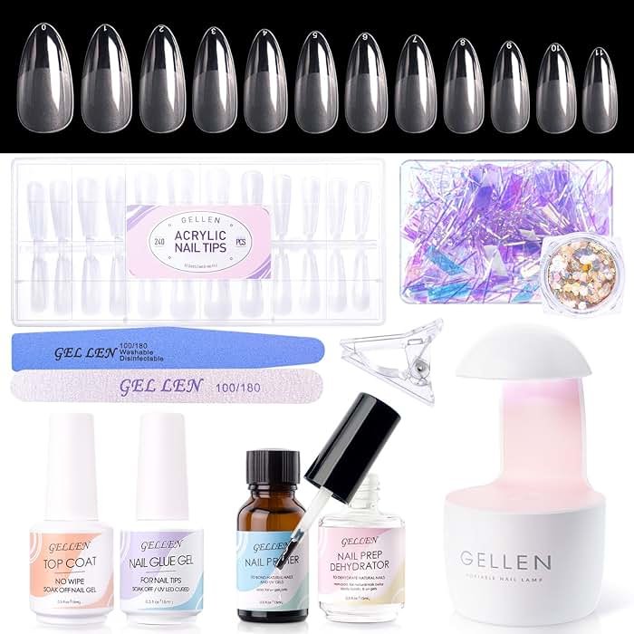 Gellen Gel Tips Nail Extension Kit, Gel Nail Kit with 240Pcs Almond Tips, 3 in 1 UV Glue for Nail Tips, Prep Dehydrator and Primer, U V LED Cure Lamp, Decorations for DIY Manicure Set - Product Image