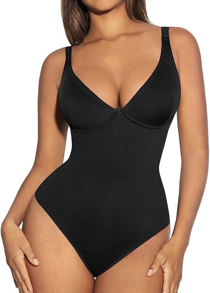 FeelinGirl Shapewear Bodysuits for Women Tummy Control Body Suits Deep V Neck Thong Body Shaper - Product Image