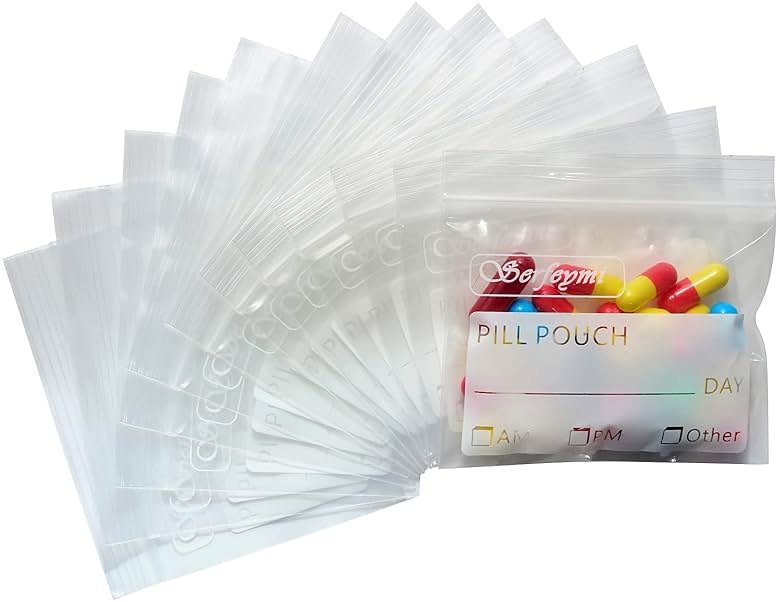 Serfeymi Pill Bags for Travel Pill Pouch Organizer Pack of 120 BPA Free 3 x 2.75 inch Reusable Pill Pouches for Medicine with Write on Label & Zipper Seal Waterproof AM PM Pill Baggies for Supplements - Product Image
