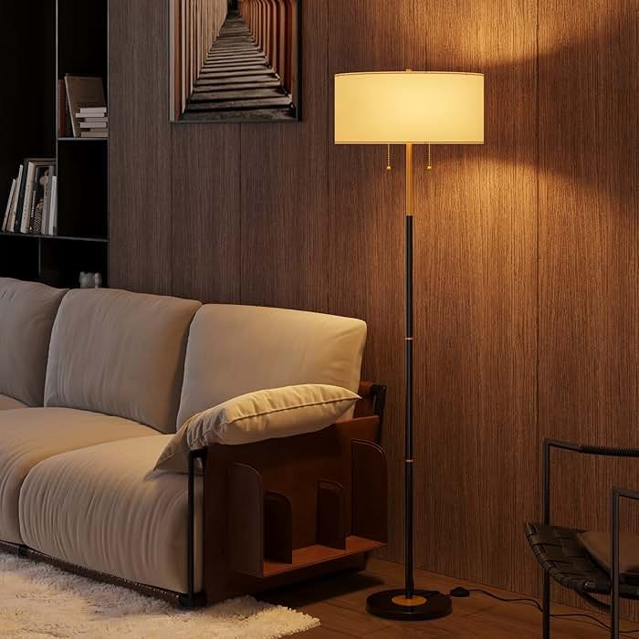 Karjoefar 2-Light Floor Lamp, Mid Century Floor Lamp with White Fabric Shade, Standing Lamp Tall Lamp for Living Room Bedroom, 3 Color Temperatures 9W Bulb Include - Product Image