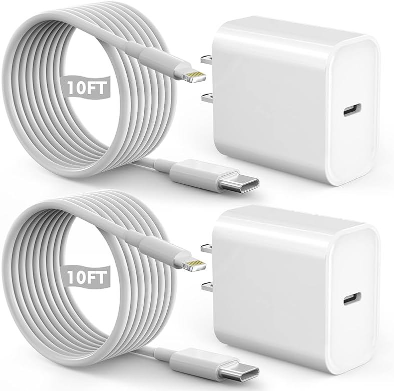 Fast iPhone Charger, Quick 10Foot USBC Wall Charger Phone Charge 2Pack PD USB C Fast Charge Block + Long 10FT Lightning Fast Charging Cable for iPhone 14/Pro/Pro Max/Plus/13/12/11/XS/XR/X/SE2022/iPad - Product Image
