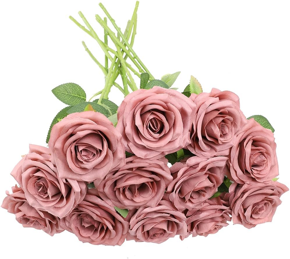 NEVISI Rose Artificial Flowers Artificial Rose Fake Rose Silk Rose Real Looking Fake Flowers with Stems for DIY Wedding Bouquets Tables Centerpieces Floral Arrangements (12, Dusty Rose) - Product Image