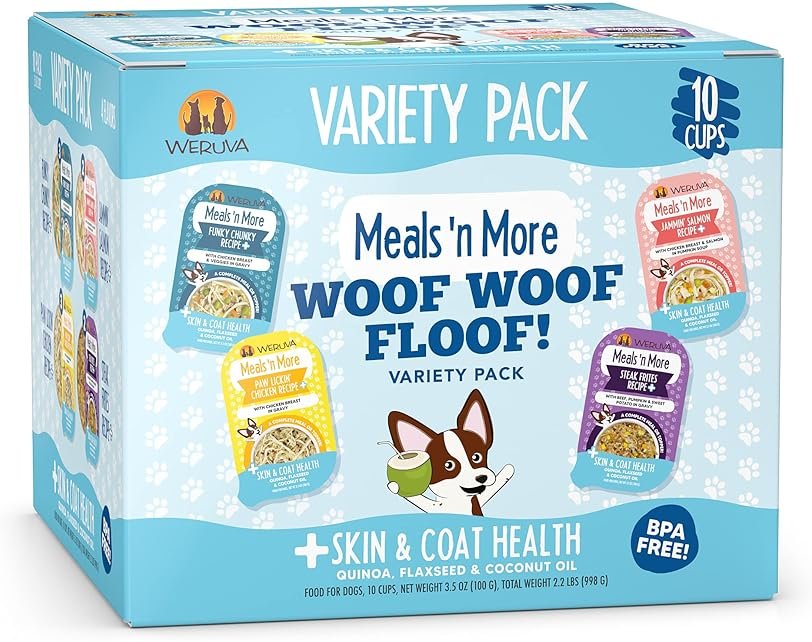 Weruva Meals 'n More Natural Wet Dog Food, Woof Woof Floof! Skin & Coat Health Variety Pack, 3.5oz Cup (Pack of 10) - Product Image